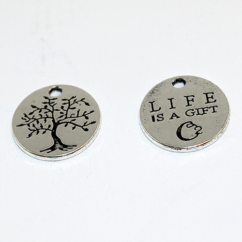 "Life Is A Gift" & Carved Tree of Life Charm - Antique Silver