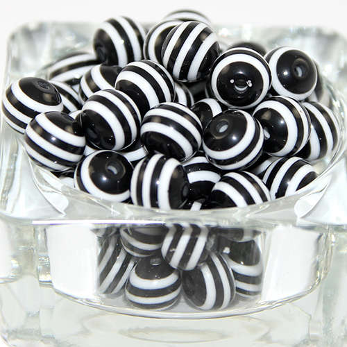 Striped Resin 12mm Bead - Black and White - 50 Piece Bag
