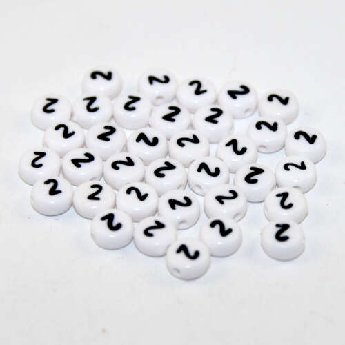 7mm Number 2 Acrylic Flat Round Beads - White
