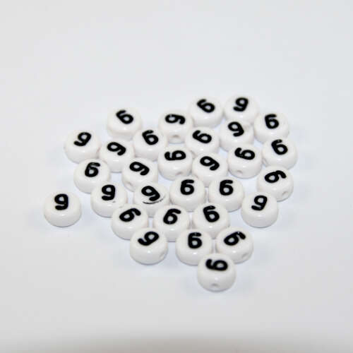 7mm Number 6 Acrylic Flat Round Beads - White