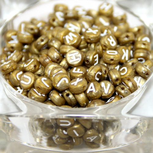 Pack of 500 - 7mm Alphabet Acrylic Flat Round Beads - Matte Gold & White