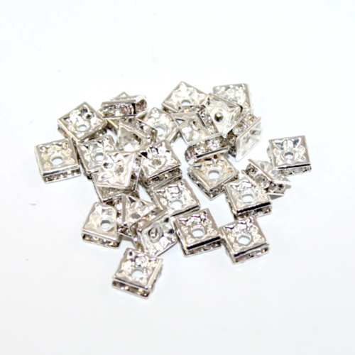 6mm Brass Square Rondelle - Crystal - Silver
