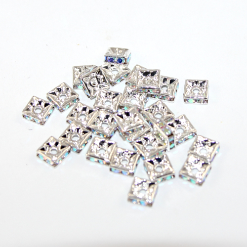 6mm Brass Square Rondelle - Crystal AB - Silver