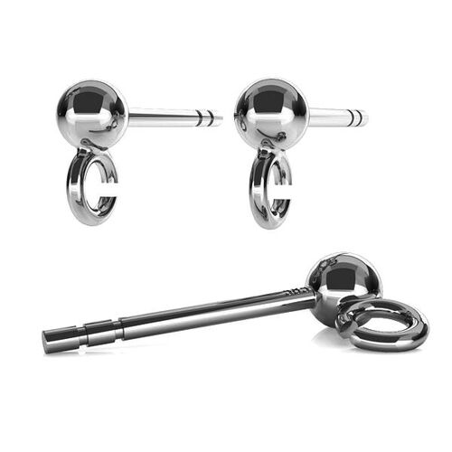 6mm Ball Stud with Loop & Butterfly Back - 925 Sterling Silver - Platinum - Pair