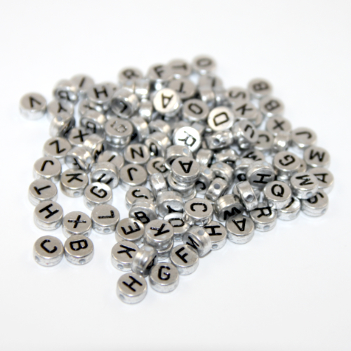 7mm Alphabet Acrylic Flat Round Bead Mix - Silver & Black - 200 Piece Bag