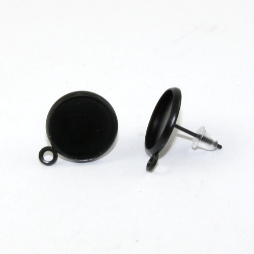 12mm Cabochon Setting Ear Studs with Drop - Pair with Rubber Backs - Black