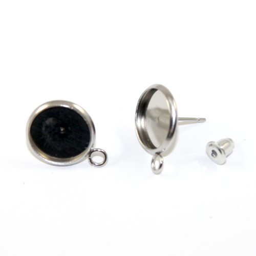 12mm Cabochon Setting Ear Studs with Drop - Pair with Bullet Backs - 304 Stainless Steel