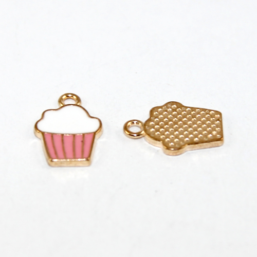 Pink & White Cupcake Charm - Light Gold - 2 Piece Pack