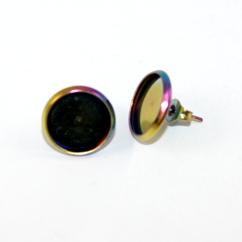 12mm Cabochon Setting Ear Studs - 304 Stainless Steel - Pair with Butterfly Backs - Rainbow