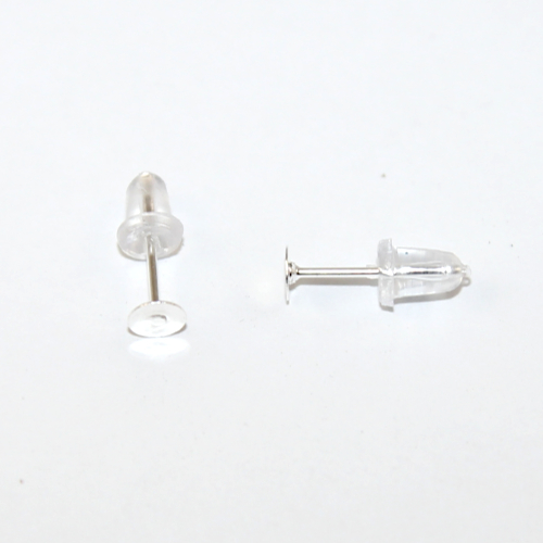 4mm Flat Pad Stud Earring with Rubber Back - Pair - Silver