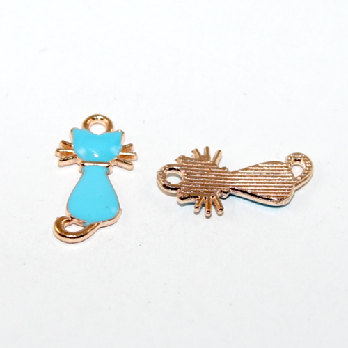 12mm x 22mm Enamel Cat Charm - Blue and Pale Gold - 2 Piece Pack