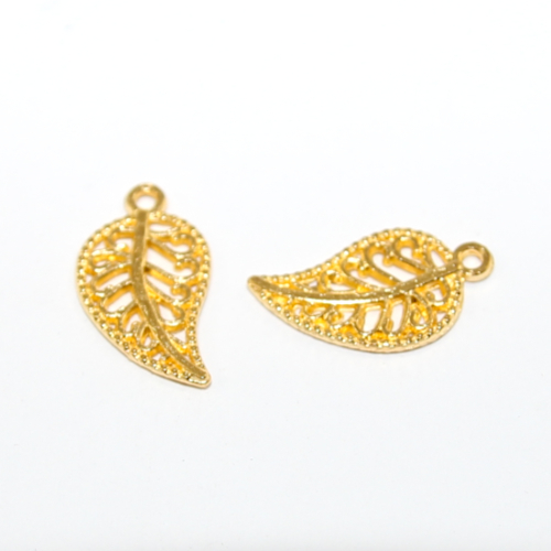 17mm x 9mm Carved Leaf Charm - Bright Gold - 2 Pieces