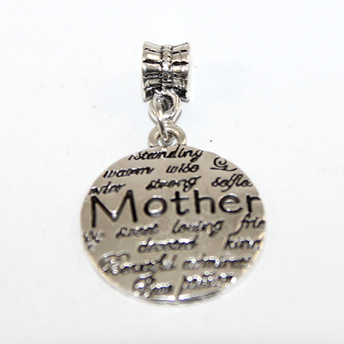 25mm Round Charm Stamped  with Bail "Mother" - 2 Pieces - Platinum
