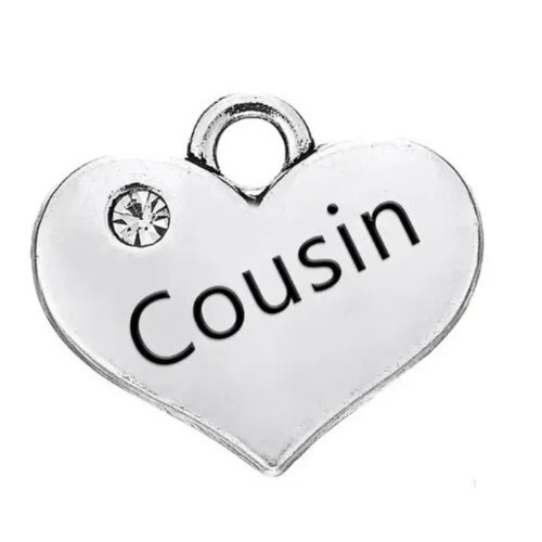 Cousin Heart Charm with Clear Rhinestone - Platinum