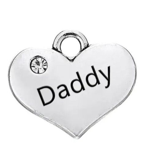 Daddy Heart Charm with Clear Rhinestone - Platinum