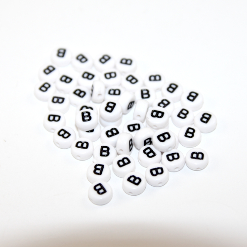 White & Black 'B' 7mm Alphabet Acrylic Flat Round Bead - 20 Piece Bag