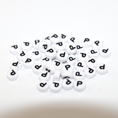 White & Black 'P' 7mm Alphabet Acrylic Flat Round Bead - 20 Piece Bag