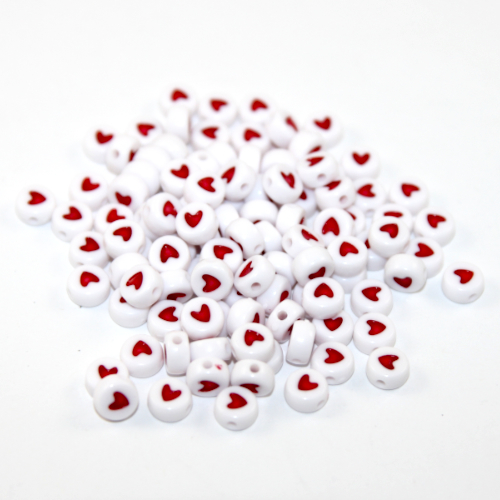 White & Red 7mm Heart Acrylic Flat Round Bead  - 50 Piece Bag