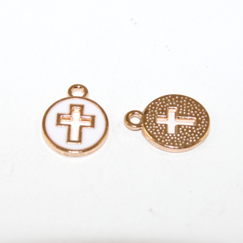 11mm x 15mm White Pale Gold Enamel Round Cut Out Cross Charm - 2 Pieces