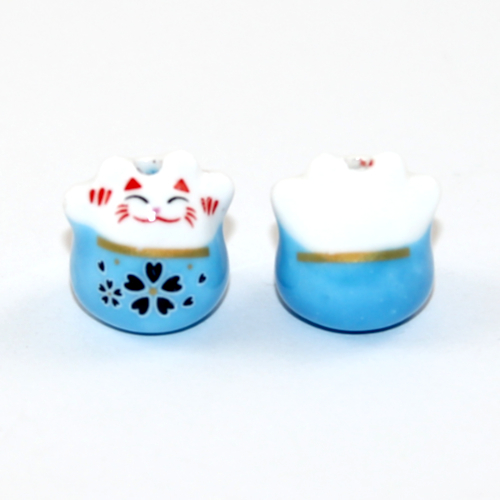 Blue 16mm Fortune Cat Ceramic Bead - Pack of 2