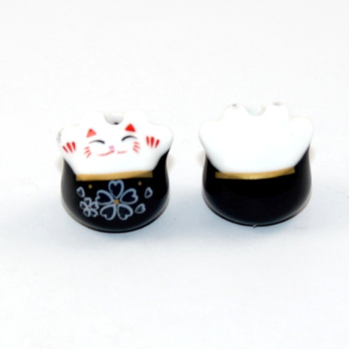 Black 16mm Fortune Cat Ceramic Bead - Pack of 2