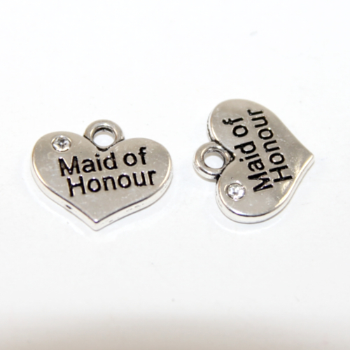 Maid of Honour Heart Charm with Clear Rhinestone - Platinum