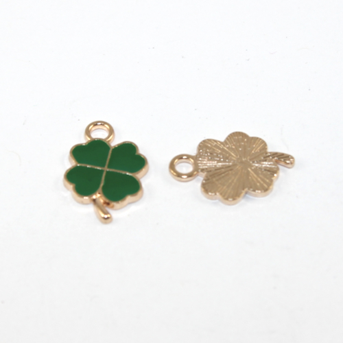 Green Enamel 4 Leaf Clover Charm - Pale Gold - 2 Pieces