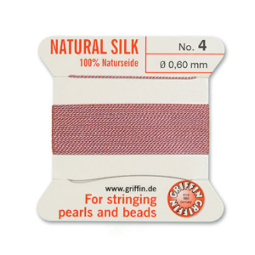 No 4 - 0.60mm - Dark Pink Carded Bead Cord 100% Natural Silk 