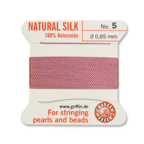 No 5 - 0.65mm - Dark Pink Carded Bead Cord 100% Natural Silk 