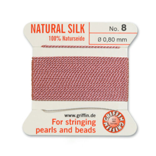 No 8 - 0.80mm - Dark Pink Carded Bead Cord 100% Natural Silk 