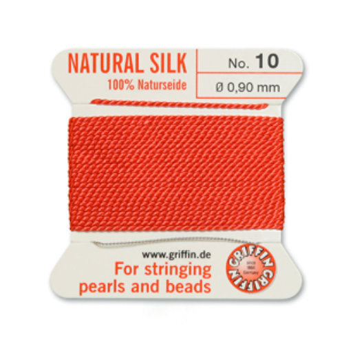 No 10 - 0.90mm - Coral Carded Bead Cord 100% Natural Silk 