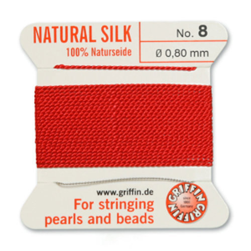 No 8 - 0.80mm - Red Carded Bead Cord 100% Natural Silk 