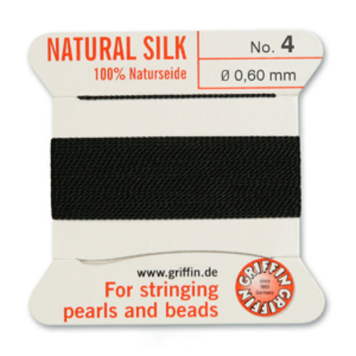 No 4 - 0.60mm - Black Carded Bead Cord 100% Natural Silk 