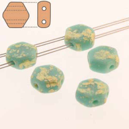 Honeycomb 6mm - HC0663120-94401 - Opaque Green Turquoise Gold Splash - 30 Bead Strand