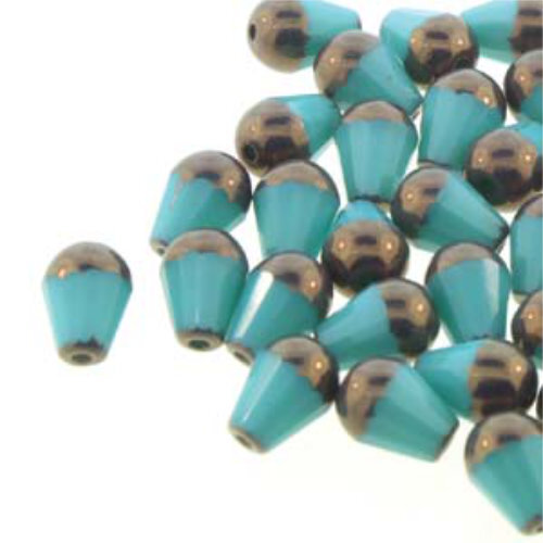 8mm x 6mm Cut Fire Polish Drop Bead - Turquoise Green Bronze 63120-14415T - 20 Bead Strand