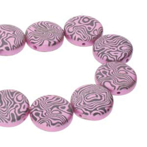 14mm 2 Hole Coin Bead - 10 Bead Strand - Contour - Black & Pink - CN14-23980-25512CL