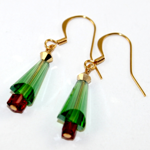 Christmas Cone Tree Earrings - Czech Glass - Peridot AB with Gold Findings