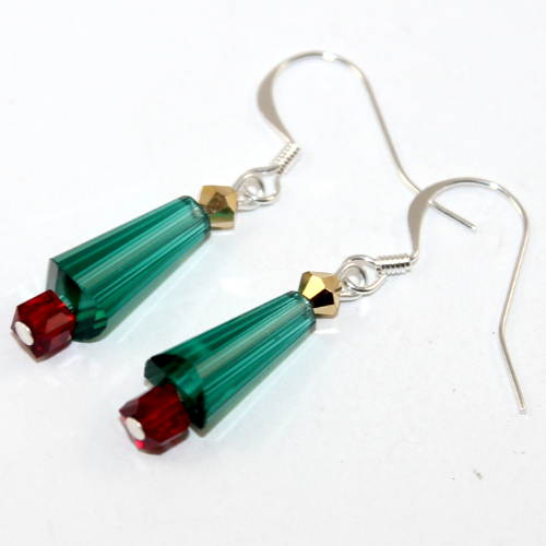Christmas Cone Tree Earrings - Czech Glass - Emerald AB with Silver Findings