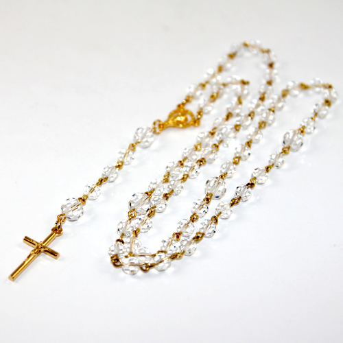 Crystal Rosary Beads with 25mm Gold Crucifix - Crystal and Gold Plated