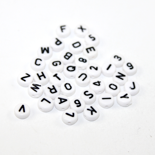 White & Black 7mm Alphabet & Number Acrylic Flat Round Bead - 36 Piece Bag