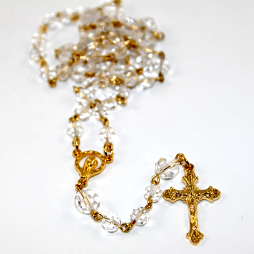 Crystal Rosary Beads with 30mm Gold Crucifix - Crystal and Gold Plated