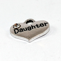 Daughter Rhinestone Heart Charm - Antique Silver