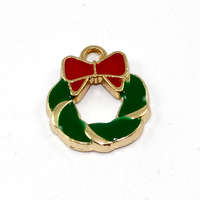 Wreath with a Bow Charm - Red & Green Enamel - Gold - 2 Pieces
