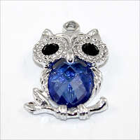 30mm Owl Blue Rhinestone Pendant - Platinum