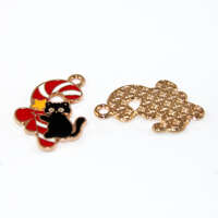 Cat with a Candy Cane Enamel Charm - Pale Gold - 2 Pieces
