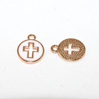 11mm x 15mm White Pale Gold Enamel Round Cut Out Cross Charm - 2 Pieces