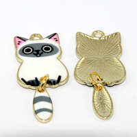 Lynx (White & Grey) Enamel Cat Charms - Standing with Swinging Tail - Pale Gold - 2 Pieces