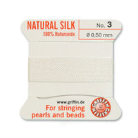 No 3 - 0.50mm - White Carded Bead Cord 100% Natural Silk 