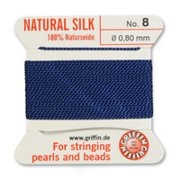 No 8 - 0.80mm - Dark Blue Carded Bead Cord 100% Natural Silk 