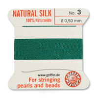 No 3 - 0.50mm - Green Carded Bead Cord 100% Natural Silk 